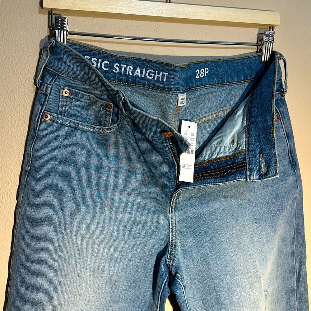 NWT J. Crew classic straight 28P distressed light wash dull washed indigo jeans